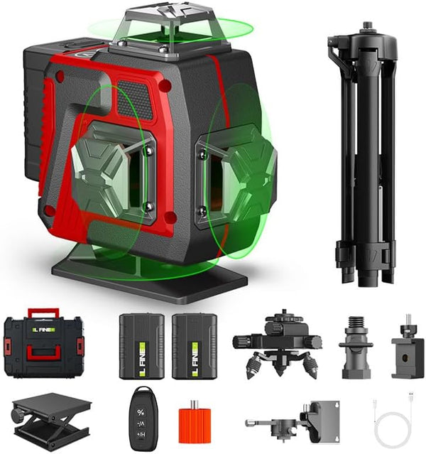 Kreuzlinienlaser profi 4D Laser Level mit Stativ, 360° Laser Wasserwaage Grün, mit Tilt-Funktion & 2 Akkus, Digitales Nivelliergerät für Innen & Außen