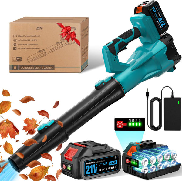 Akku Laubbläser 6 einstellbare Geschwindigkeiten mit 2x 4,0Ah Akku und Ladegerät Kabellos laubbläser, für Haus, Garten, Gewerbe –Ein Geschenk für alle