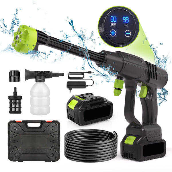 Akku Hochdruckreiniger, 30-Gang Bürstenloser Druckreinigerpistole Max 75 Bar, Mobile Hochdruck Wasserpistole mit 5m Schlauch, 6-in-1 Düse, Schaumkrug