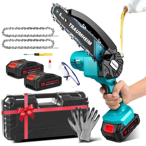 Mini Kettensäge mit 2x Akku 2.0Ah 6 Zoll,Akku Kettensäge mit Automatischer Öler und Ersatzkette,Handkettensäge Akku für Gartenscheren Astschere Holzsc