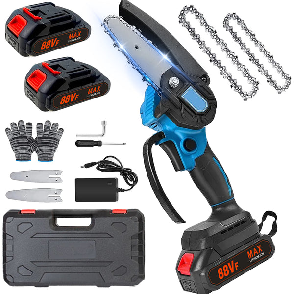 Akku-Kettensäge 4/6 Zoll Kettensäge Elektrisch mit Akku Einhand Motorsäge Handkettensäge,mit 2Batterien 2Kette und Ladegerät für Garten,Astscheren