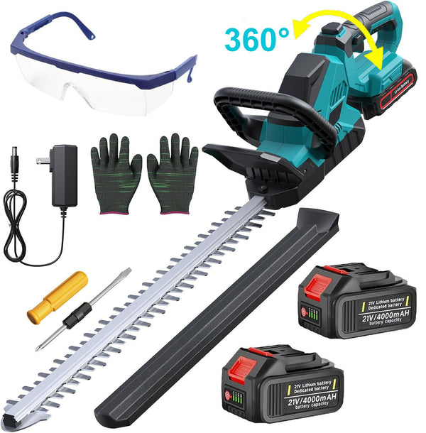 3000RPM Akku Heckenschere, 21" Klingen Heckenschere mit 2×21V 4000mAh Akkus, 360° drehbarer Kopf, 2/3" Schnitt, leicht&leise, inkl. Zubehörset