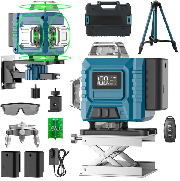 Kreuzlinienlaser profi 4D 16 Lines Laser Level 360º Rotary, LED-Anzeige, Automatische Kreuzlinienlaser mit 2x3,0Ah Batterie, IP54 Staub & Wasserschutz