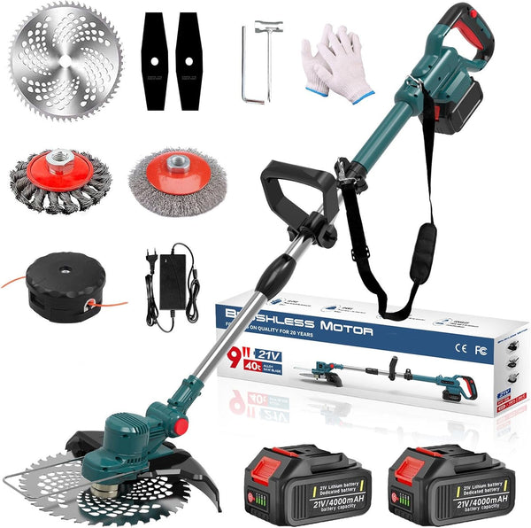 Rasentrimmer mit Akku 21V, Akku Rasentrimmer für Makita Akku, Rasentrimmer mit Unkrautbürste, Freischneider akku, Motorsense Akku- Inkl. 2X4.0Ah Akku & Ladegerät, 750W Bürstenloser Motor