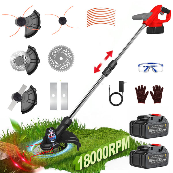 Akku Rasentrimmer mit 2× 4000mAh Akku 21V, Bürstenloser Motor Rasentrimmer, 17cm Schnittdurchmesser, Freischneider mit Akkus & Ladegerät