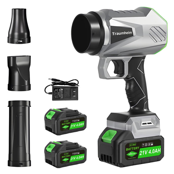 Akku Laubbläser, Handgebläse mit Turbostrahl 65m/s, 400CFM, Bürstenloser Motor, 2×4000mAh Akku, Leicht, Kabellos, Garten, Terrasse, Autoreinigung