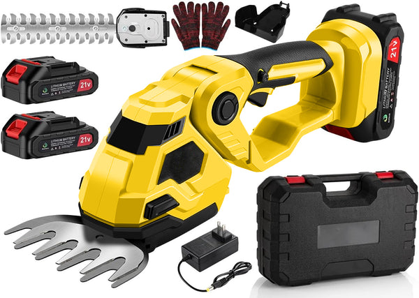 2-in-1 Akku Heckenschere & Grasschere mit 2 Akkus und Ladegerät, Doppelte Klinge – Leicht, Sicher, Kabellos –für Rasen, Sträucher, Gartenarbeiten,Gelb