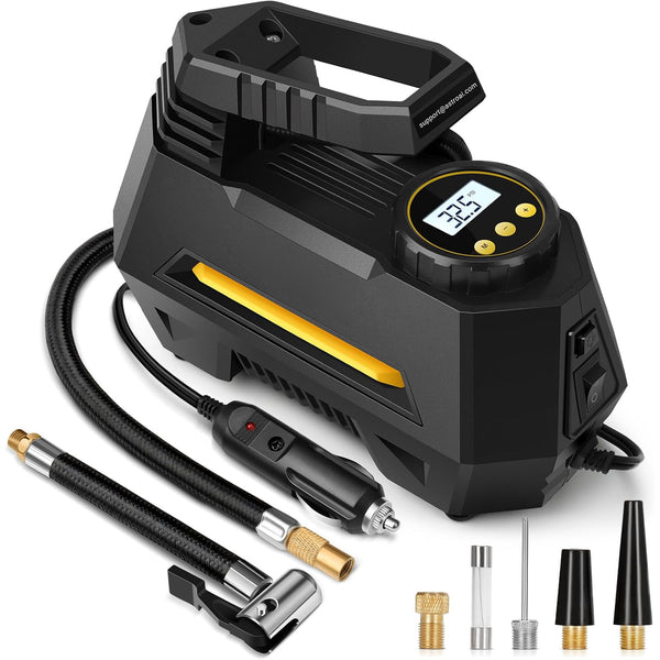 Autoluftpumpe, Elektrischer Luftkompressor, Tragbarer Kofferkompressor, Digitaler Anzeige, 12V Netz für Auto, Fahrrad, Motorrad, Ball, inkl. Zubehör