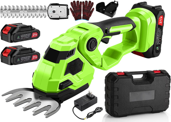 2-in-1 Akku Heckenschere & Grasschere mit 2 Akkus und Ladegerät, Doppelte Klinge – Leicht, Sicher, Kabellos –für Rasen, Sträucher, Gartenarbeiten,Grün