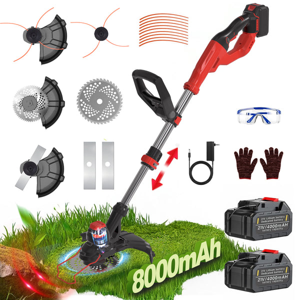 Akku Rasentrimmer 21V mit 2× 4000mAh Akku, Freischneider, Motorsense, mit Messer und Ladegerät, Teleskop-Stiel & Zusatzhandgriff, für Garten Hof