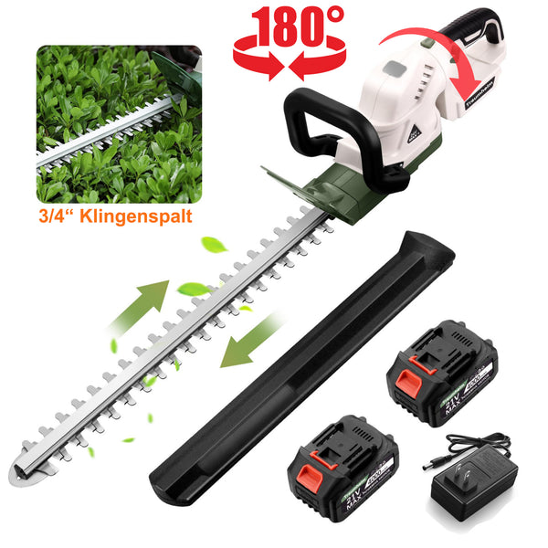 Akku Heckenschere, Elektrische Heckenschere, 20 Zoll Schneidbreite, 180° drehbarer Kopf, Leichtgewicht, 2 Akkus, 3/4 Zoll Aststärke, Kabellos