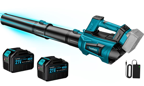 Akku Laubbläser mit 2x 6000mAh Akku und Ladegerät, 306 km/h Luftgeschwindigkeit, 5 Stufe + Turbomodus, Leicht & Ergonomisch, für Haus, Garten, Gewerbe