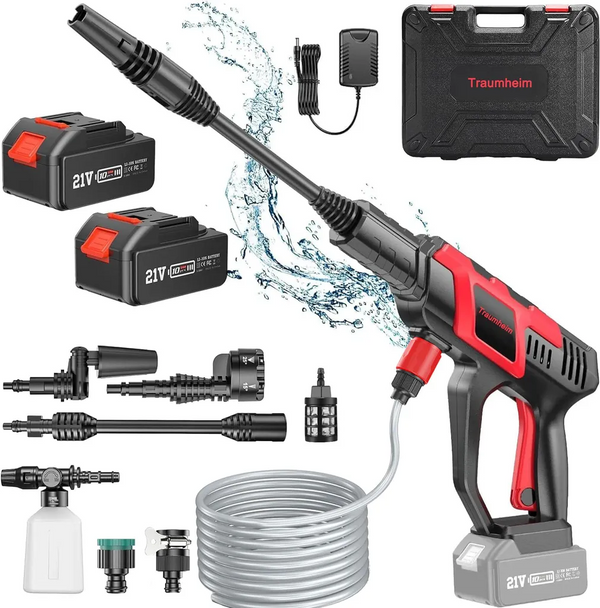 Akku Hochdruckreiniger, Pro Max Pumpenkörper,120BAR Starker Wasserdruck mit Verlängerungsstange,6-in-1 Düse, 0-180°Düse,KFZ-Reiniger mit 2x 4,0Ah Akku