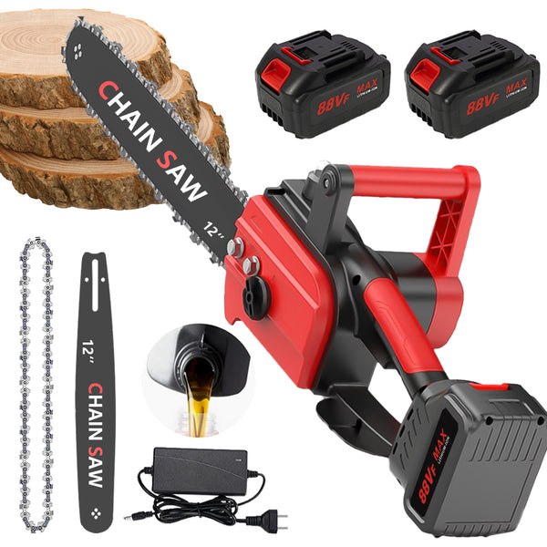 Akku Kettensägen,Mini Kettensäge, 12" Elektro-Kettensäge 2 Akkus,Handkettensäge Akku mit Sicherheitsschloss für Gartenscheren Astschere Holzschneidenz