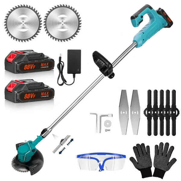 Akku-Rasentrimmer,Akku und Ladegerät,Cordless Weed Wacker,180° Trimmwinkel,Teleskop-Stiel & Zusatzhandgriff/Faltbares Modell/Mit Rädern schiebbar,Blau,TH-01