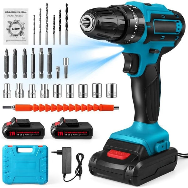 21V Akkuschrauber Set, Akku Bohrmaschine, Akku Bohrschrauber Set mit 2 Akkus und 24 Zubehöre, 25+3 Drehmoment, 2 Geschwindigkeiten, LED-Licht