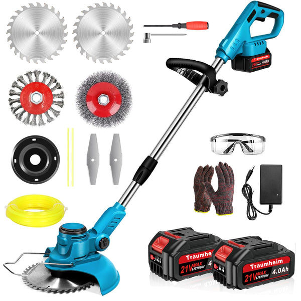 Traumheim Akku Rasentrimmer mit 2× 4000mAh Akkus 21V, 750W Bürstenloser Motor Rasentrimmer mit Unkrautbürste, Freischneider mit Messer und Ladegerät