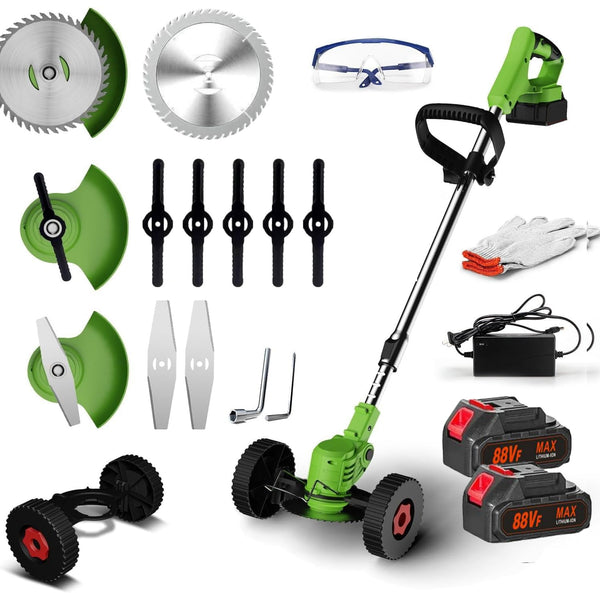 Akku-Rasentrimmer,mit 2X 2,0 Ah Akku und Ladegerät,Rasenkantenschneider mit 3 Arten von Schneidklingen,ausziehbar ,mit Rädern