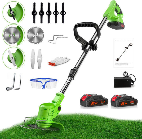 Akku-Rasentrimmer,Akku und Ladegerät,Cordless Weed Wacker,180° Trimmwinkel,Teleskop-Stiel & Zusatzhandgriff/Faltbares Modell/Mit Rädern schiebbar,für Garten Hof,Grün