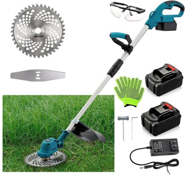 Akku-Rasentrimmer, Elektrischer Grasschneider, mit 2 Batterie und Ladegerät, 90° Trimmwinkel, Teleskop-Stiel & Zusatzhandgriff,Blau