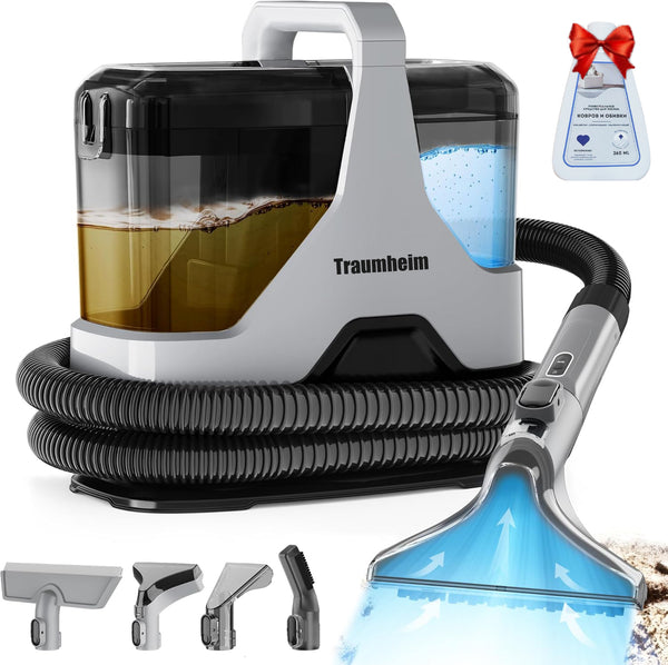 Waschsauger 16KPA Polsterreiniger Teppichreiniger, 600W Nass-/Trockensauger Fleckenreiniger Reinigungsgerät, Dualtank, mit Zubehör, Reinigungsmittel