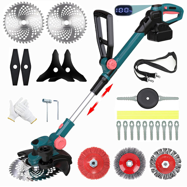 Bürstenloser Akku Rasentrimmer für 18V Makita Akkus, 6 Klingentypen 750W Rasentrimmer mit Fugenbürste, Unkrautbürste, Drahtbürste – Blau