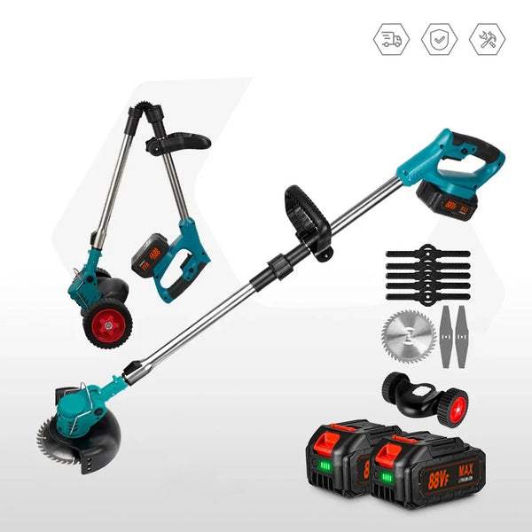 Akku-Rasentrimmer,Akku und Ladegerät,Cordless Weed Wacker,180° Trimmwinkel,Teleskop-Stiel & Zusatzhandgriff/Faltbares Modell/Mit Rädern schiebbar,Blau