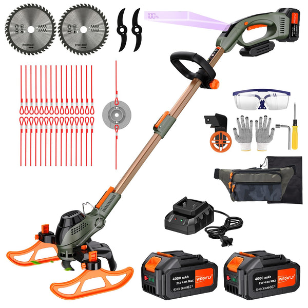 Akku Rasentrimmer mit 2× 4000mAh Akkus, Bürstenloser Motor Freischneider mit 3-in-1 Schneidsystem, Teleskopstiel, 90° schwenkbarer Kopf